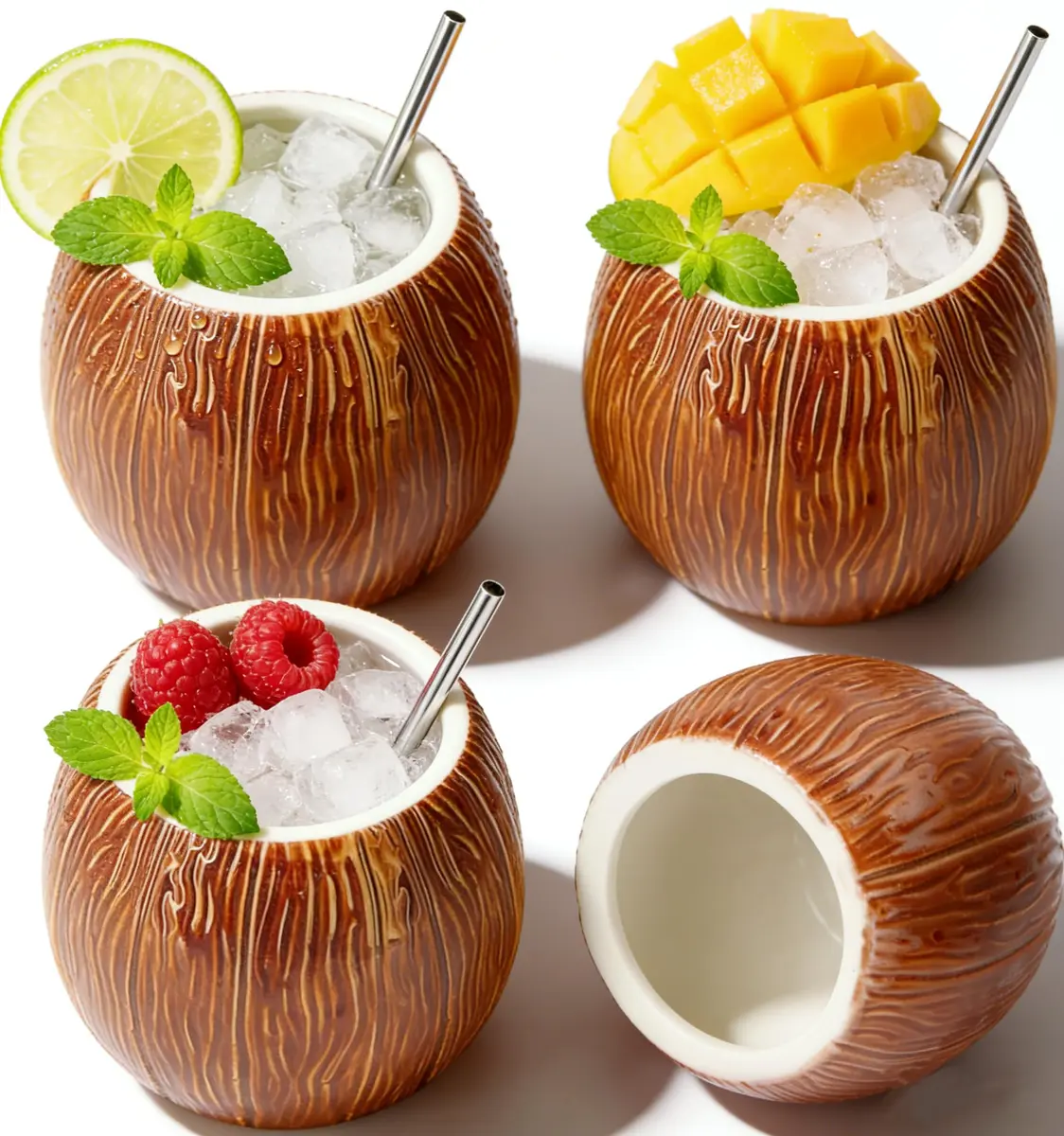 LINALL 4 Pack 17 oz Ceramic Tiki Mugs | Hawaiian Coconut Cocktail Glasses for Mai Tai & Pina Colada - main product image