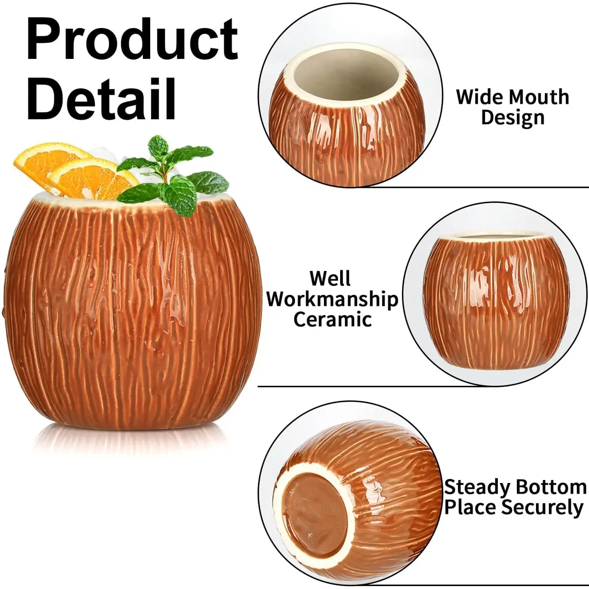 LINALL 4 Pack 17 oz Ceramic Tiki Mugs | Hawaiian Coconut Cocktail Glasses for Mai Tai & Pina Colada - view 5