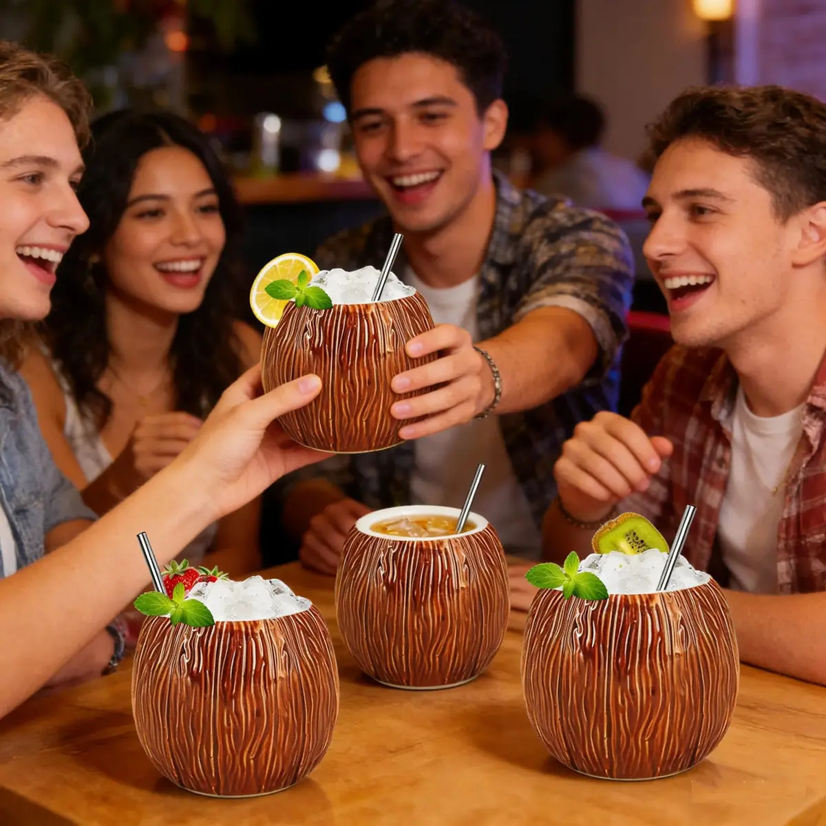 LINALL 4 Pack 17 oz Ceramic Tiki Mugs | Hawaiian Coconut Cocktail Glasses for Mai Tai & Pina Colada - view 6