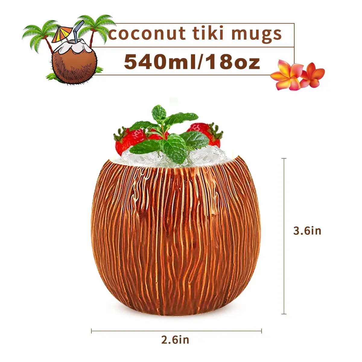 LINALL 4 Pack 17 oz Ceramic Tiki Mugs | Hawaiian Coconut Cocktail Glasses for Mai Tai & Pina Colada - view 2