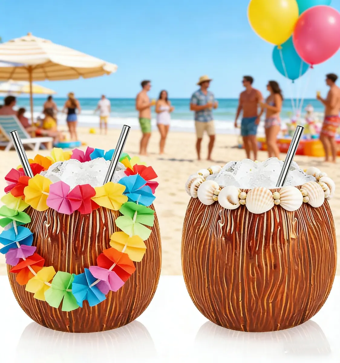 LINALL 4 Pack 17 oz Ceramic Tiki Mugs | Hawaiian Coconut Cocktail Glasses for Mai Tai & Pina Colada - view 3