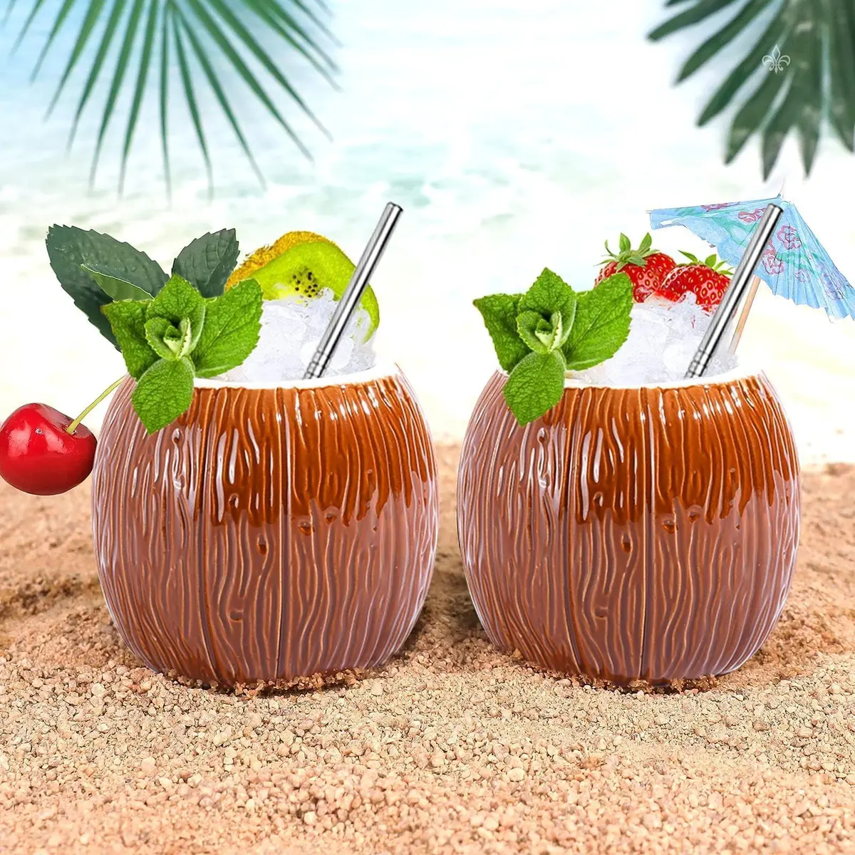 LINALL 4 Pack 17 oz Ceramic Tiki Mugs | Hawaiian Coconut Cocktail Glasses for Mai Tai & Pina Colada - view 4