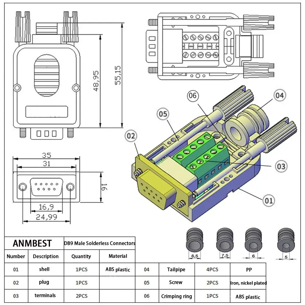 ANMBEST Solderless DB9 Serial to 9-Pin Female Adapter (2-Pack) | Screw Lock Housing Connector - view 7