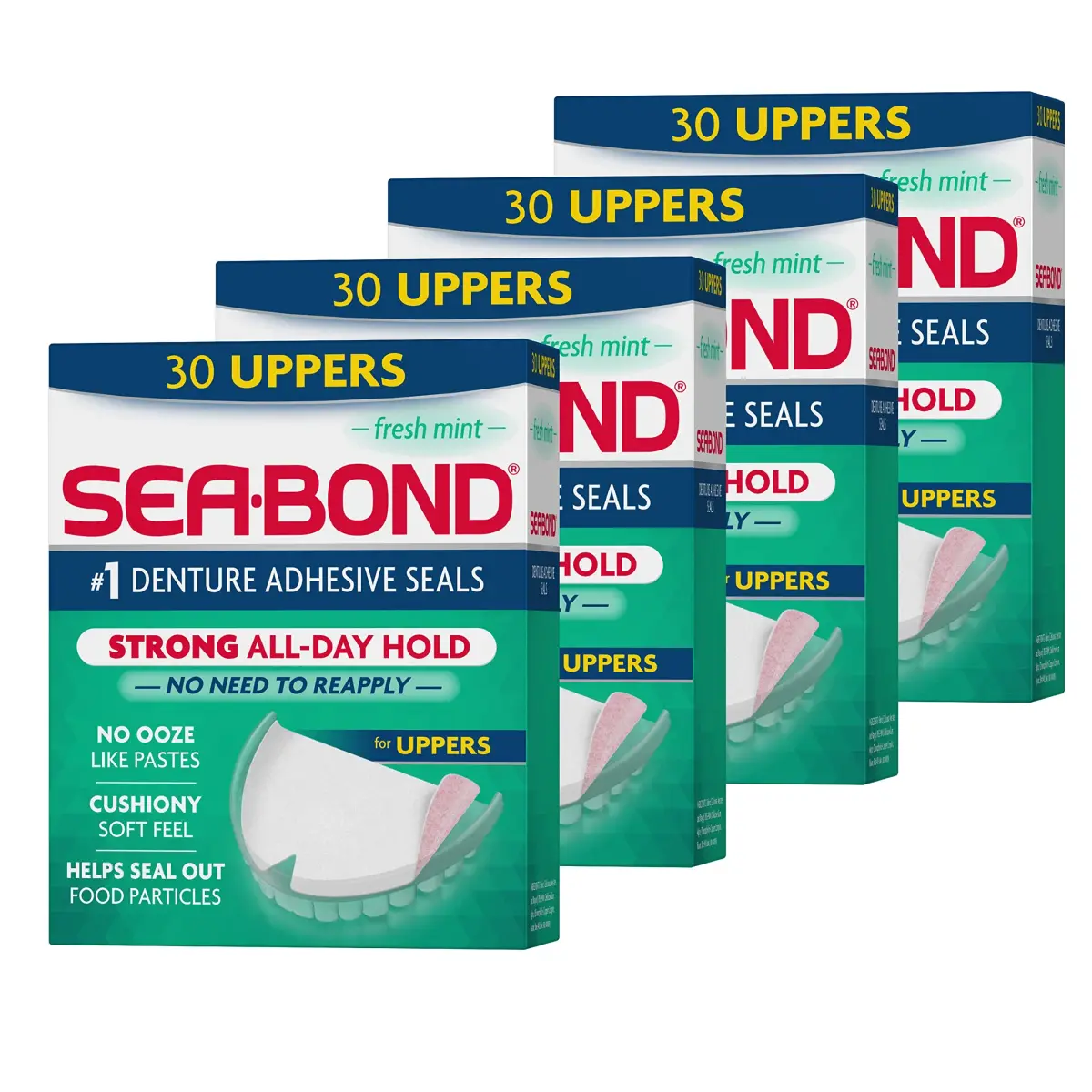 Sea-Bond Fresh Mint Denture Adhesive Seals for Uppers, 120 Count (4 x 30 Count Packs) | Zinc-Free, Ooze-Free Hold - main product image