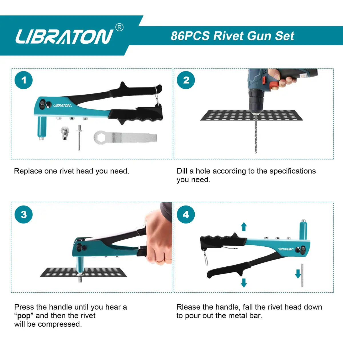 LIBRATON Heavy Duty Rivet Gun Kit with 80 Rivets & 4 Drill Bits | All-Steel Construction - view 2