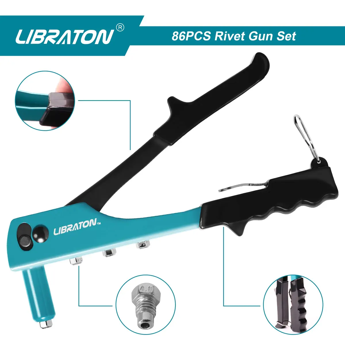 LIBRATON Heavy Duty Rivet Gun Kit with 80 Rivets & 4 Drill Bits | All-Steel Construction - view 3