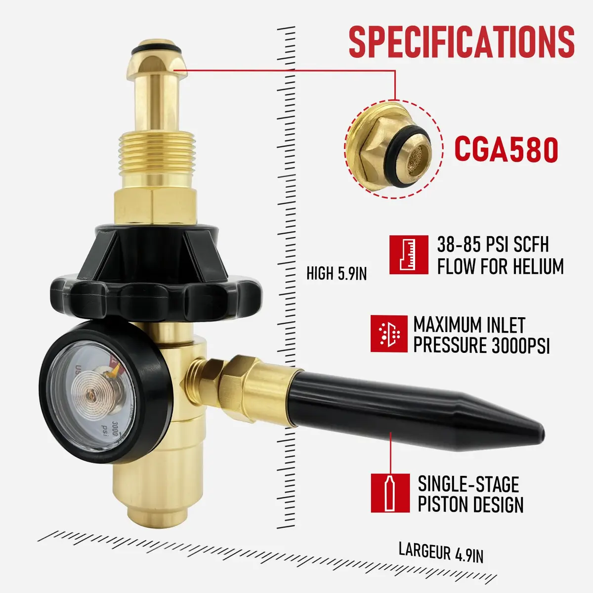 RX WELD Helium Regulator with CGA580 Tank Valve | Durable Brass Fittings, 0-3000 PSI - view 2