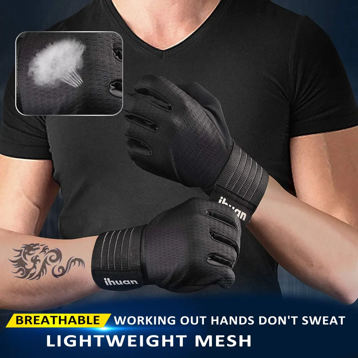 ihuan Full Finger Workout Gloves for Men with Wrist Support, Weight Lifting Gym Gloves XL | Padded Grip & Breathable - view 4