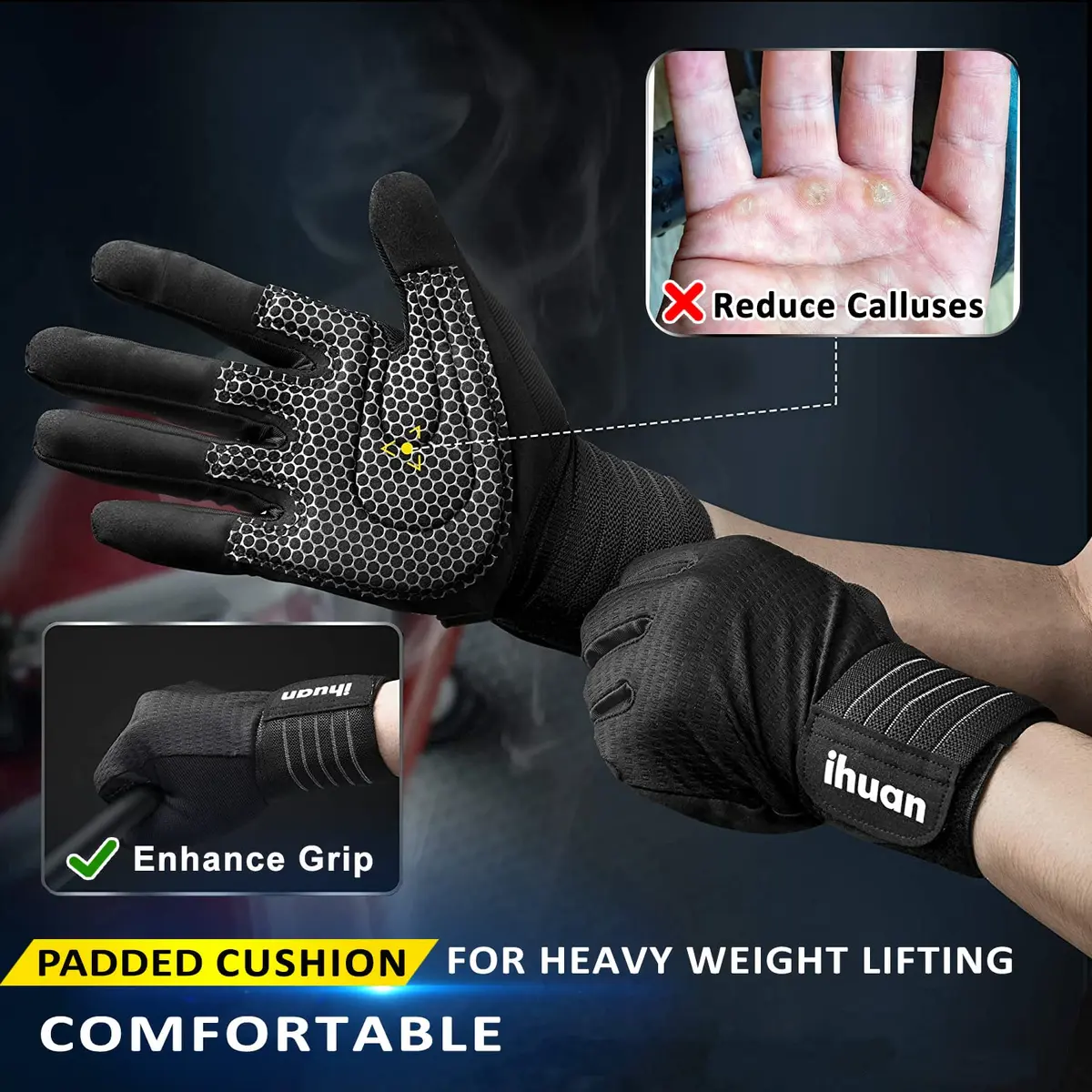 ihuan Full Finger Workout Gloves for Men with Wrist Support, Weight Lifting Gym Gloves for Deadlift (Small, Black) - view 2