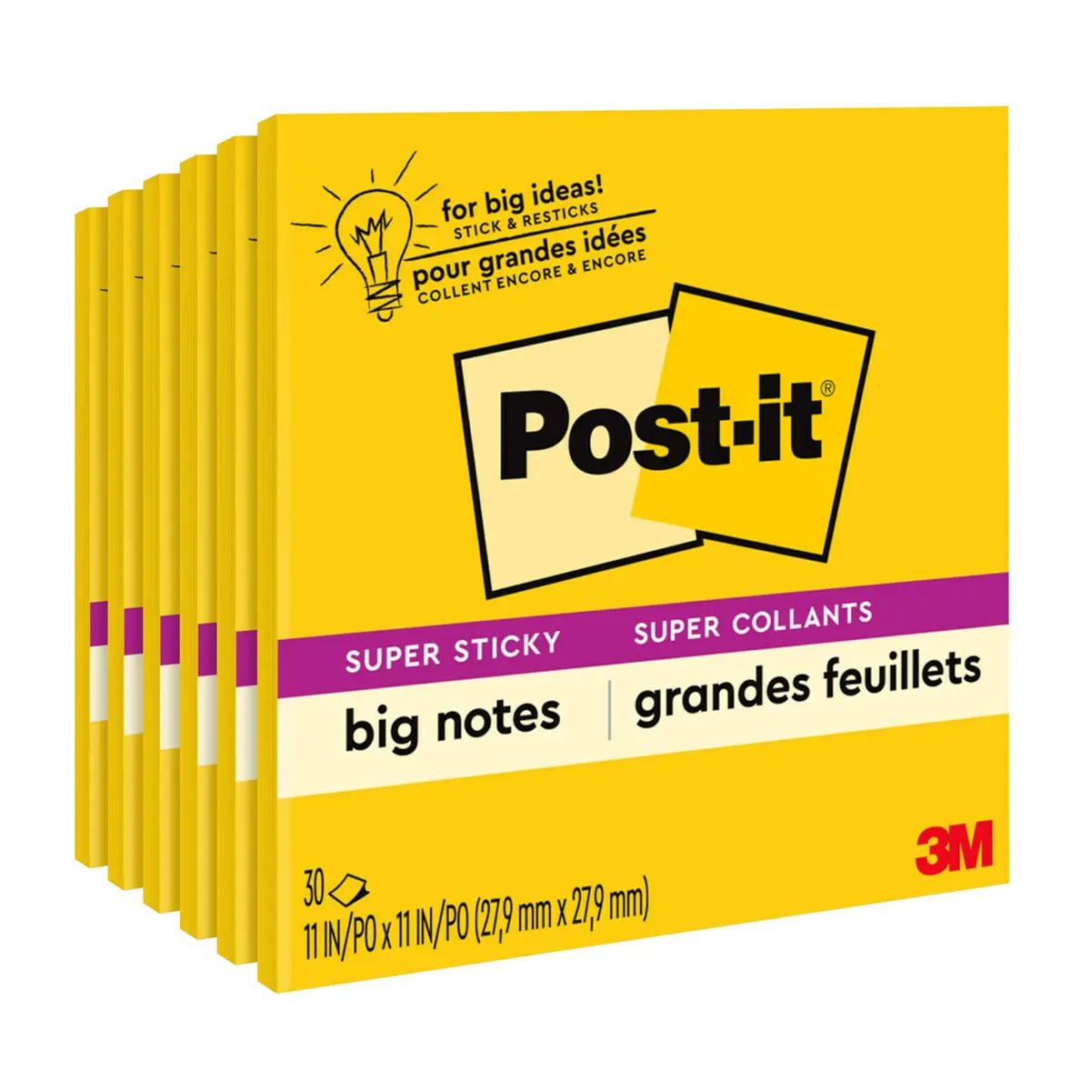 Post-it Super Sticky Big Notes, 11 x 11 Inch, Pack of 6 Pads | Bright Yellow, 30 Sheets/Pad - main product image