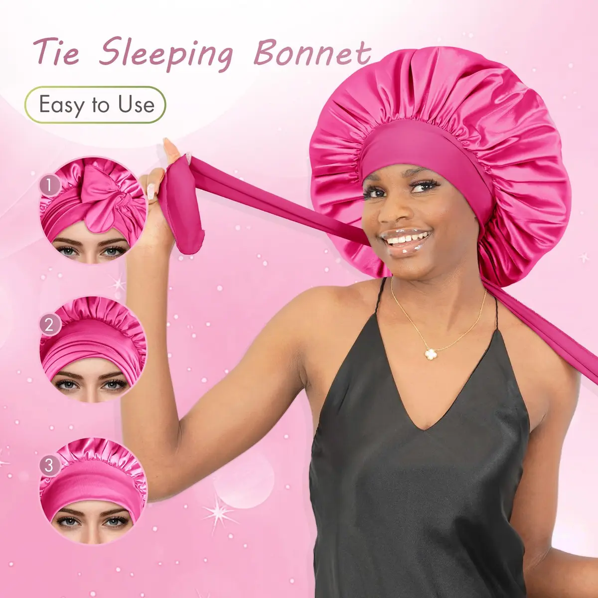 BONNET QUEEN XL Large Silk Bonnet for Sleeping for Women Big Satin Bonnet Night Cap for Curly Hair with Tie Band, Large, Hot Pink | Extra Large, Protective Sleep Cap - view 4
