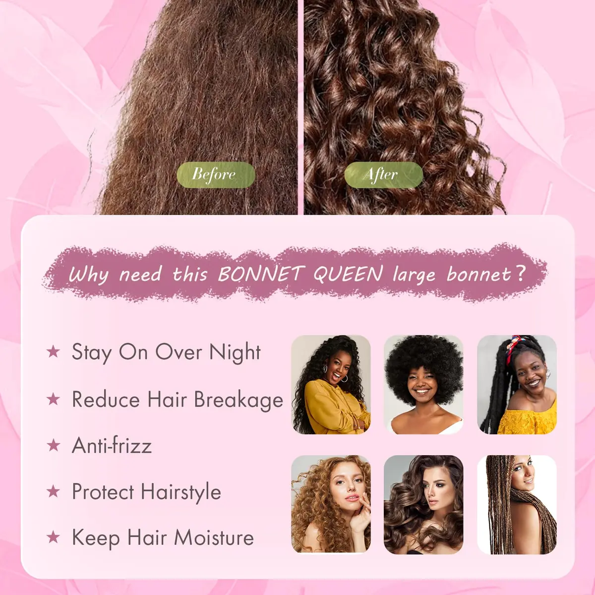 BONNET QUEEN XL Large Silk Bonnet for Sleeping for Women Big Satin Bonnet Night Cap for Curly Hair with Tie Band, Large, Hot Pink | Extra Large, Protective Sleep Cap - view 5
