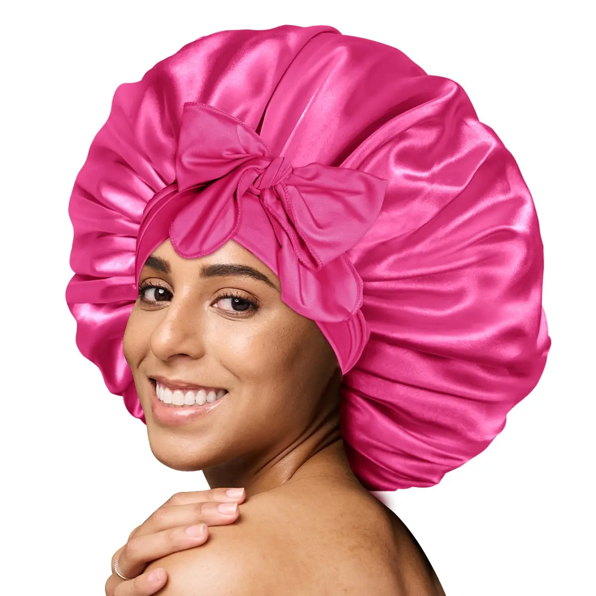 BONNET QUEEN XL Large Silk Bonnet for Sleeping for Women Big Satin Bonnet Night Cap for Curly Hair with Tie Band, Large, Hot Pink | Extra Large, Protective Sleep Cap - main product image