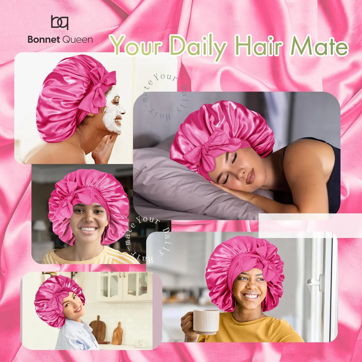 BONNET QUEEN XL Large Silk Bonnet for Sleeping for Women Big Satin Bonnet Night Cap for Curly Hair with Tie Band, Large, Hot Pink | Extra Large, Protective Sleep Cap - view 2