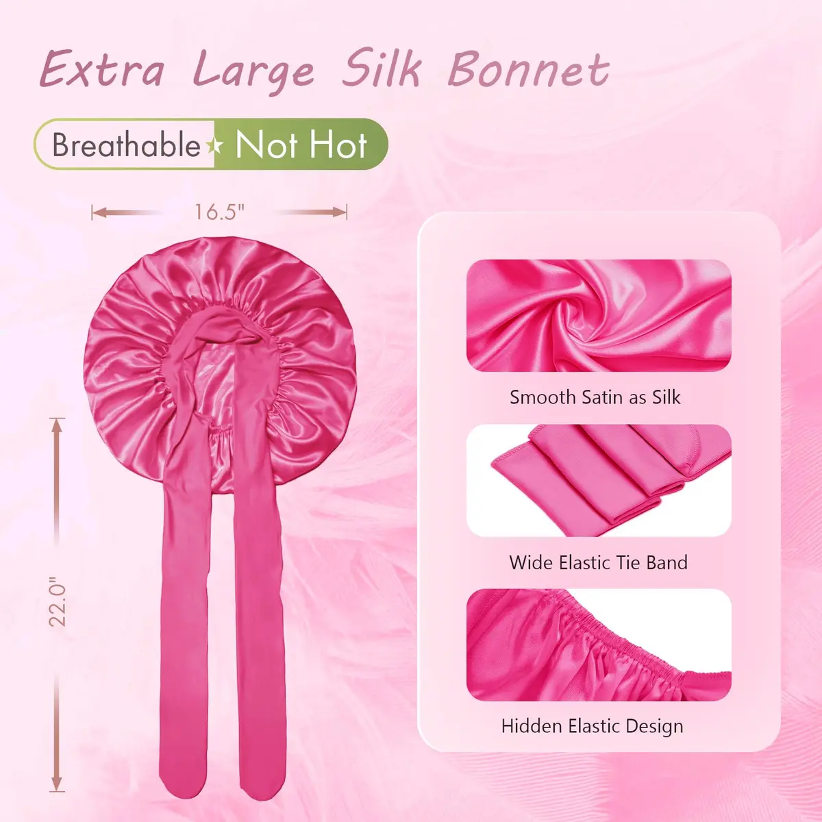 BONNET QUEEN XL Large Silk Bonnet for Sleeping for Women Big Satin Bonnet Night Cap for Curly Hair with Tie Band, Large, Hot Pink | Extra Large, Protective Sleep Cap - view 3