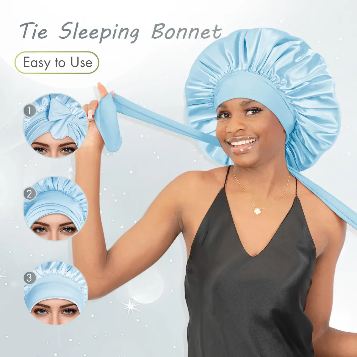 BONNET QUEEN XL Large Silk Bonnet for Sleeping for Women Big Satin Bonnet Night Cap for Curly Hair with Tie Band, Large, Light Blue | Extra Large, Protective Sleep Cap - view 4