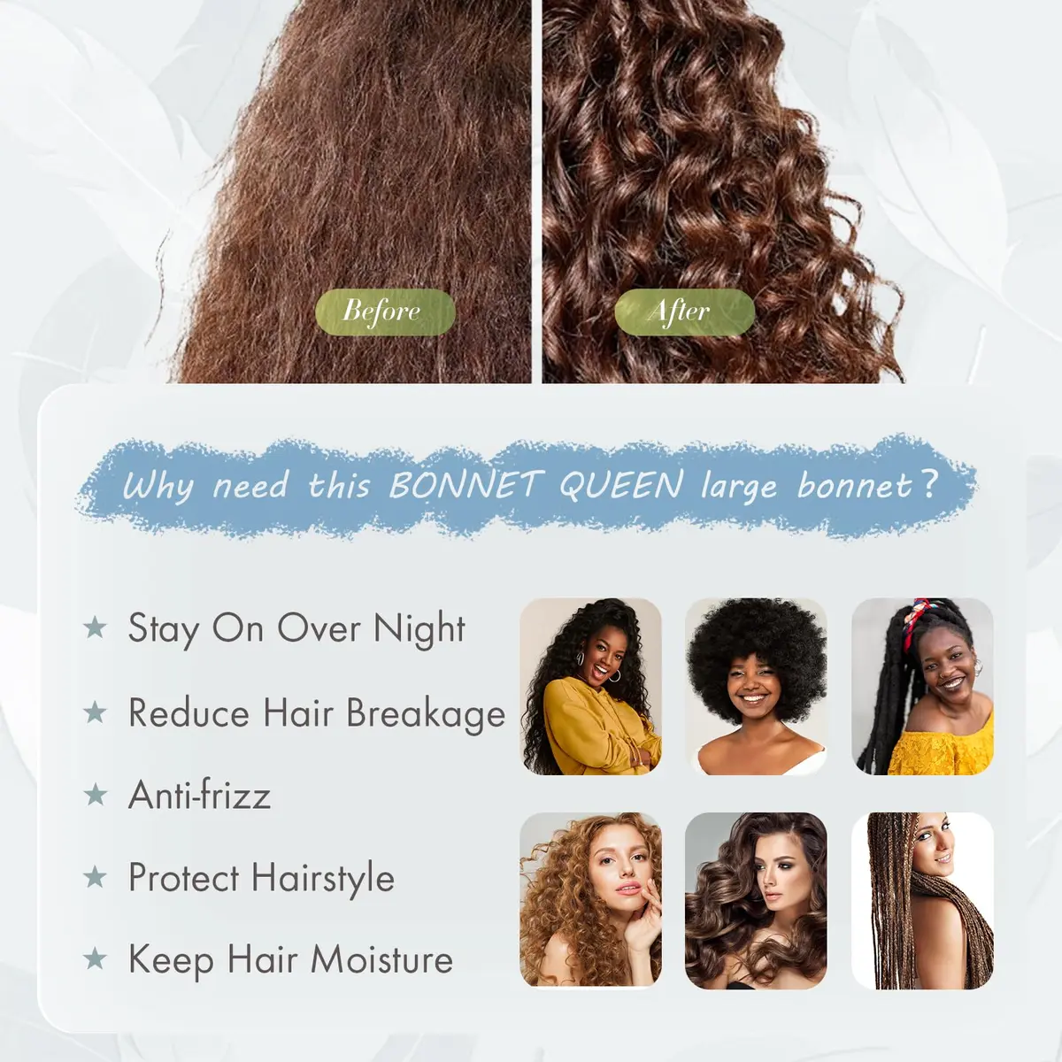 BONNET QUEEN XL Large Silk Bonnet for Sleeping for Women Big Satin Bonnet Night Cap for Curly Hair with Tie Band, Large, Light Blue | Extra Large, Protective Sleep Cap - view 5