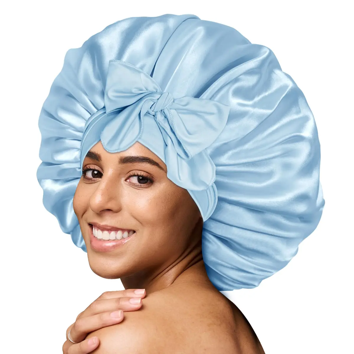 BONNET QUEEN XL Large Silk Bonnet for Sleeping for Women Big Satin Bonnet Night Cap for Curly Hair with Tie Band, Large, Light Blue | Extra Large, Protective Sleep Cap - main product image