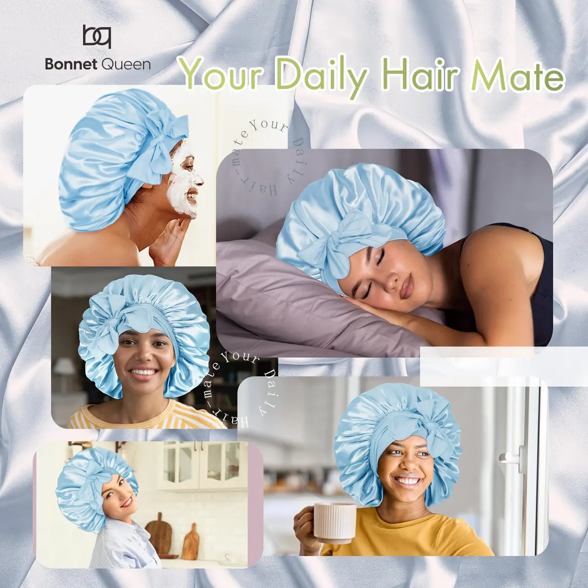 BONNET QUEEN XL Large Silk Bonnet for Sleeping for Women Big Satin Bonnet Night Cap for Curly Hair with Tie Band, Large, Light Blue | Extra Large, Protective Sleep Cap - view 2