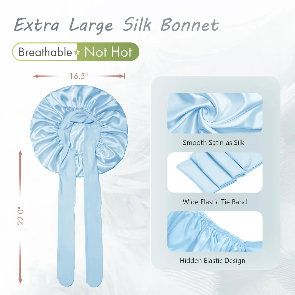 BONNET QUEEN XL Large Silk Bonnet for Sleeping for Women Big Satin Bonnet Night Cap for Curly Hair with Tie Band, Large, Light Blue | Extra Large, Protective Sleep Cap - view 3