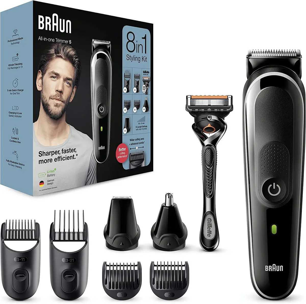 Braun MGK5260 8-in-1 Beard & Face Trimmer with Gillette Fusion 5 ProGlide Razor | AutoSensing Motor, 13 Lengths, Washable, 100 Min Runtime - main product image