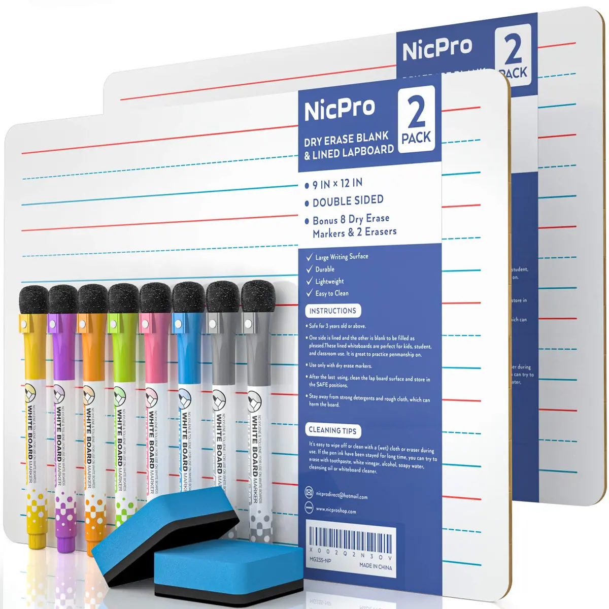 Nicpro 9 x 12 inch Dry Erase Lap Board 2 Pack (22.86 x 30.48 cm) | Ruled & Blank Double-Sided Whiteboard Set with Markers & Erasers - main product image