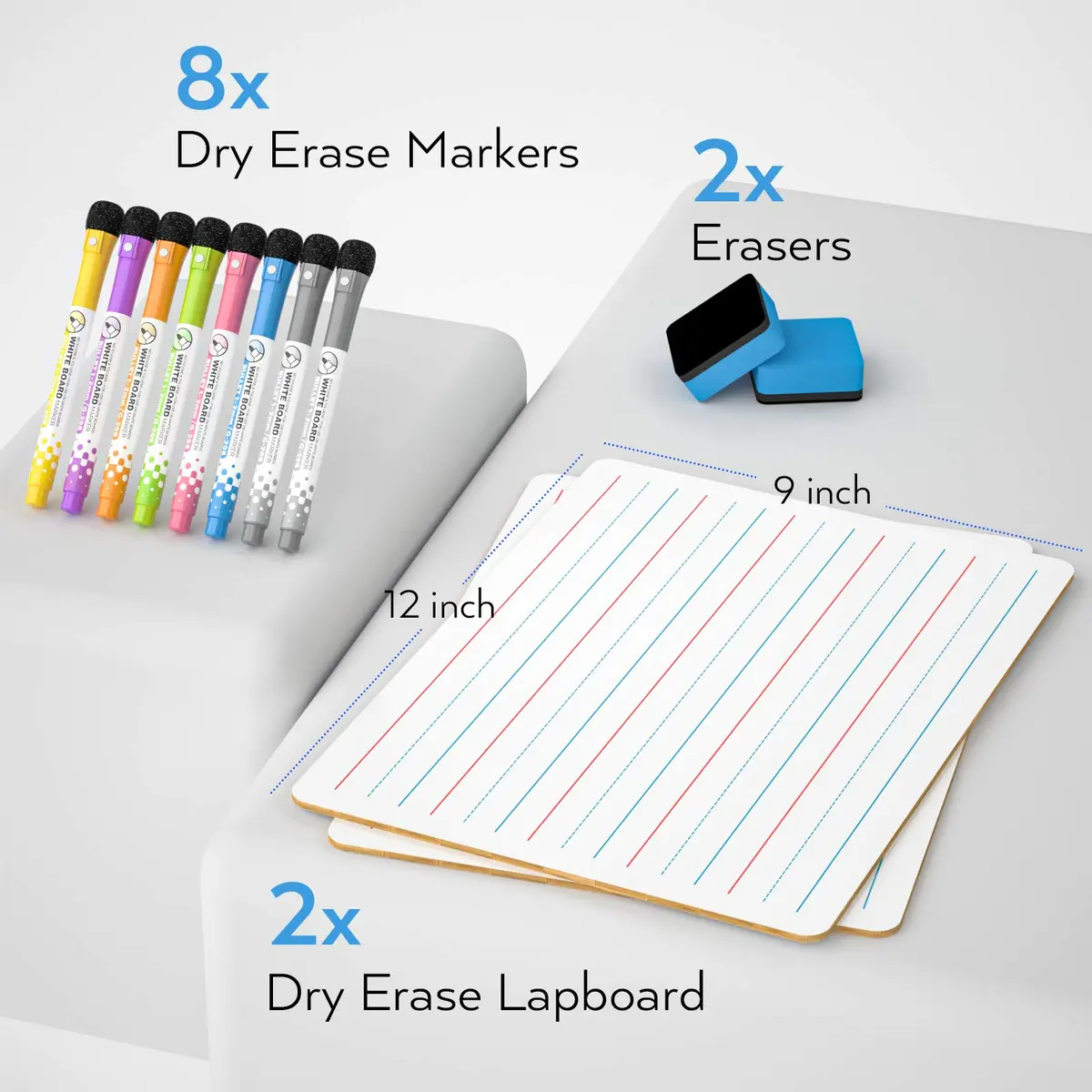 Nicpro 9 x 12 inch Dry Erase Lap Board 2 Pack (22.86 x 30.48 cm) | Ruled & Blank Double-Sided Whiteboard Set with Markers & Erasers - view 2
