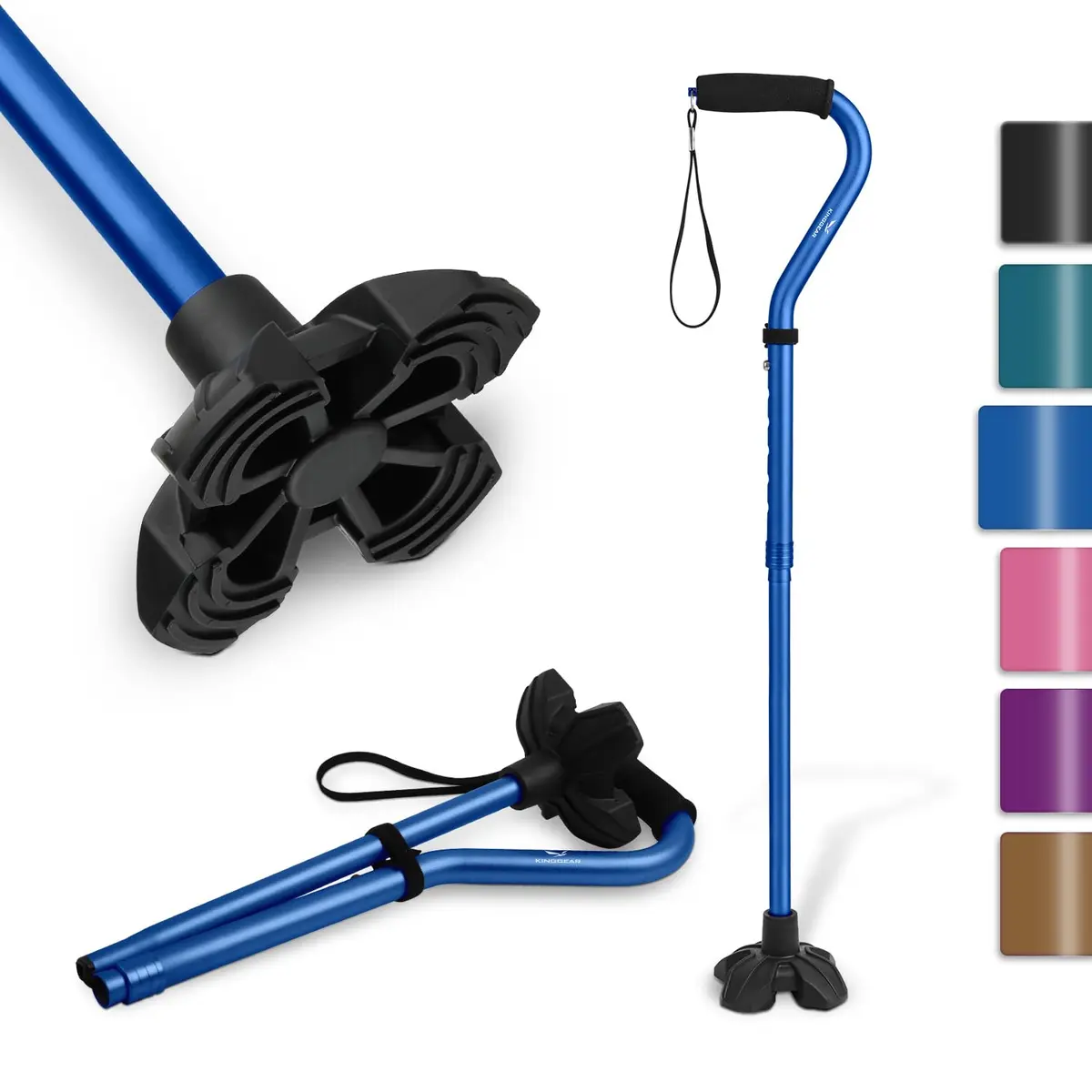KINGGEAR Self Standing Quad Cane Dark Blue | Lightweight Foldable Aluminum Walking Stick with 4.3" Base - main product image