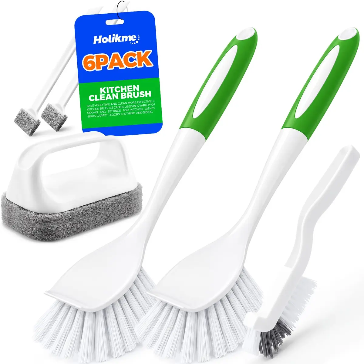 Holikme 6 Pack Dish Brush Set with Handle for Cleaning, Green | Heavy Duty Kitchen & Household Scrubbing Tool - main product image