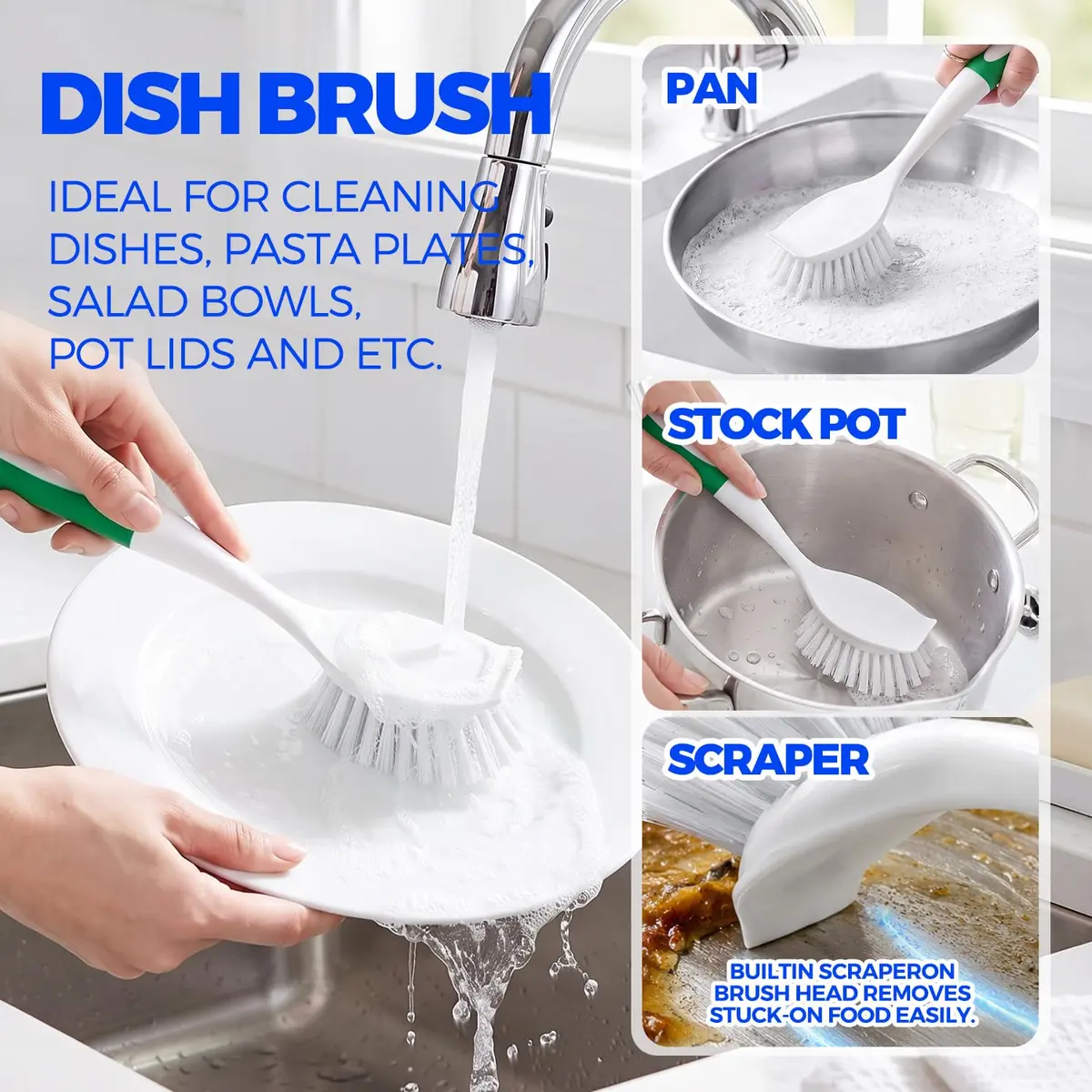 Holikme 6 Pack Dish Brush Set with Handle for Cleaning, Green | Heavy Duty Kitchen & Household Scrubbing Tool - view 3