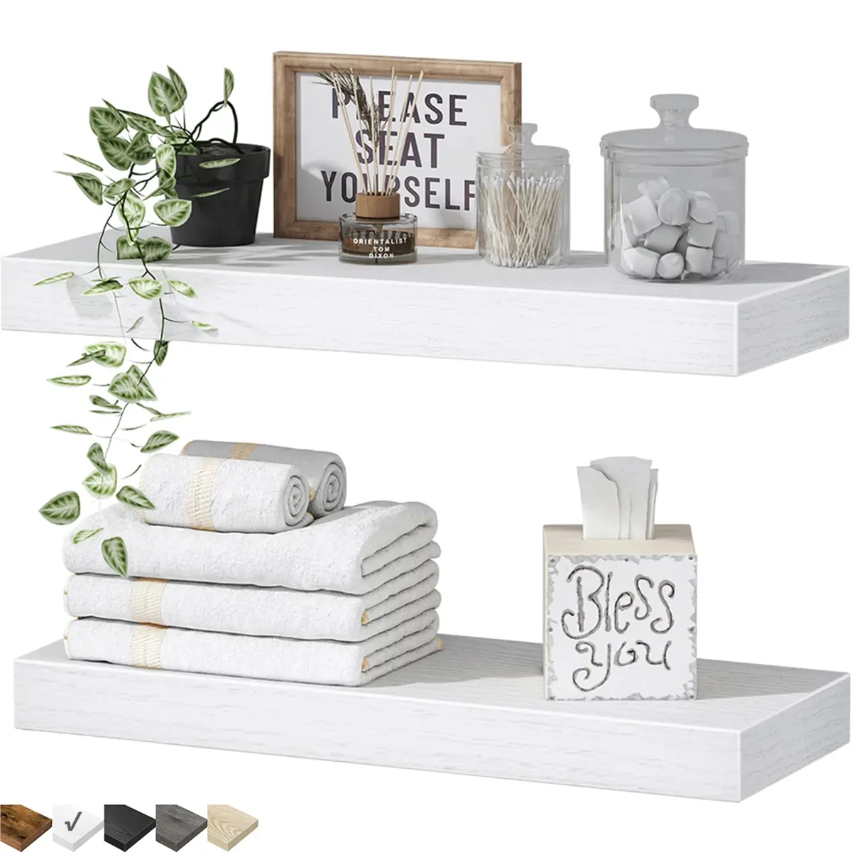 QEEIG White Floating Wall Shelves Set of 2 | 40.4 cm (15.7") x 17 cm (6.7") | Farmhouse Home Decor - main product image