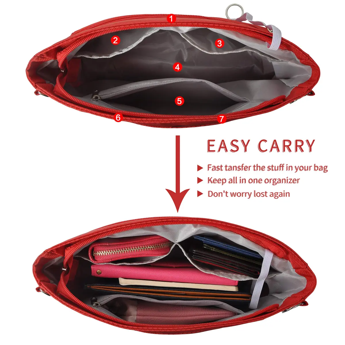 Vercord Expandable Red Nylon Handbag Purse Organizer Insert Liner Shaper Bag - Medium - view 3
