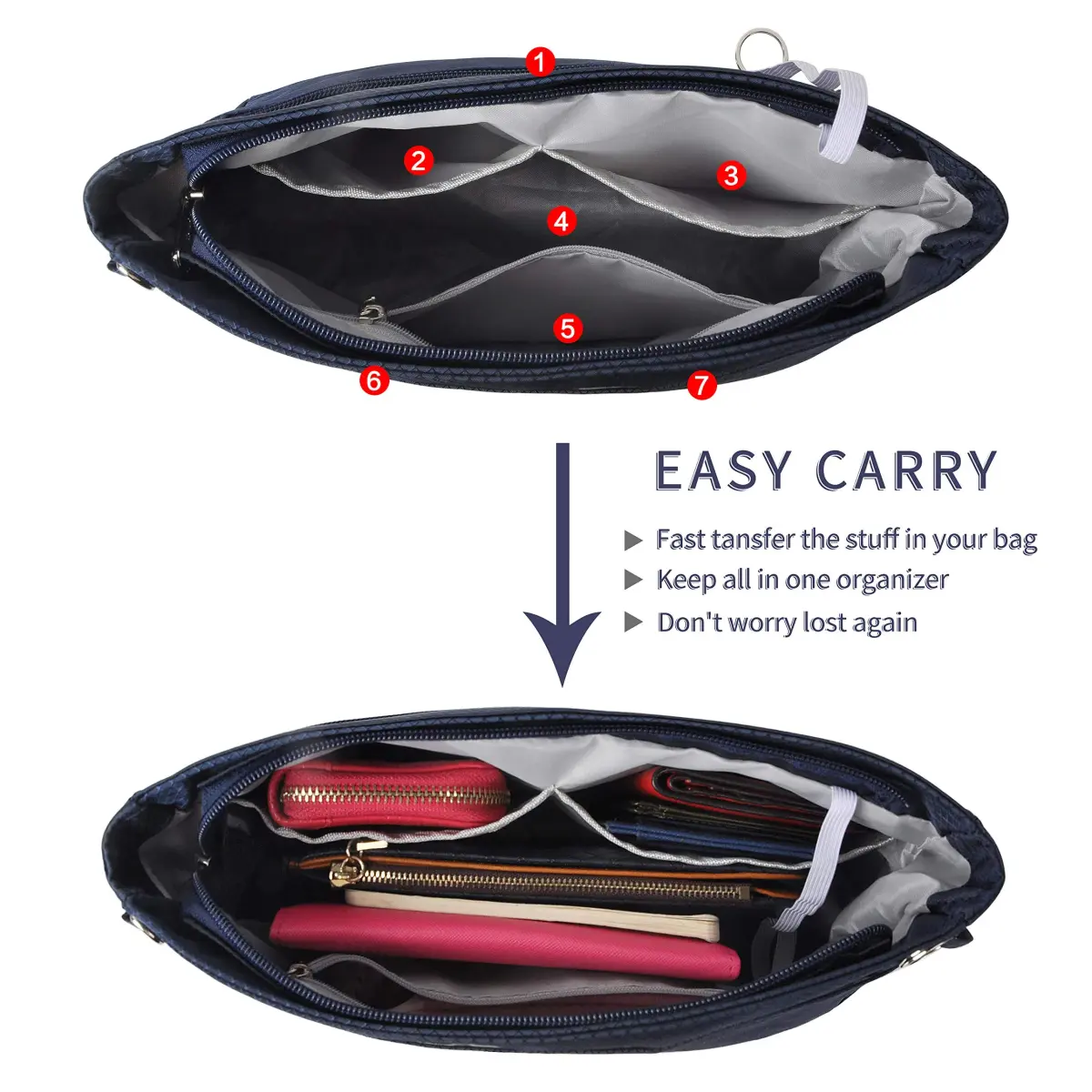 Vercord Expandable Nylon Handbag Purse Organizer Insert Liner Shaper Bag in Bag Navy Large - view 3