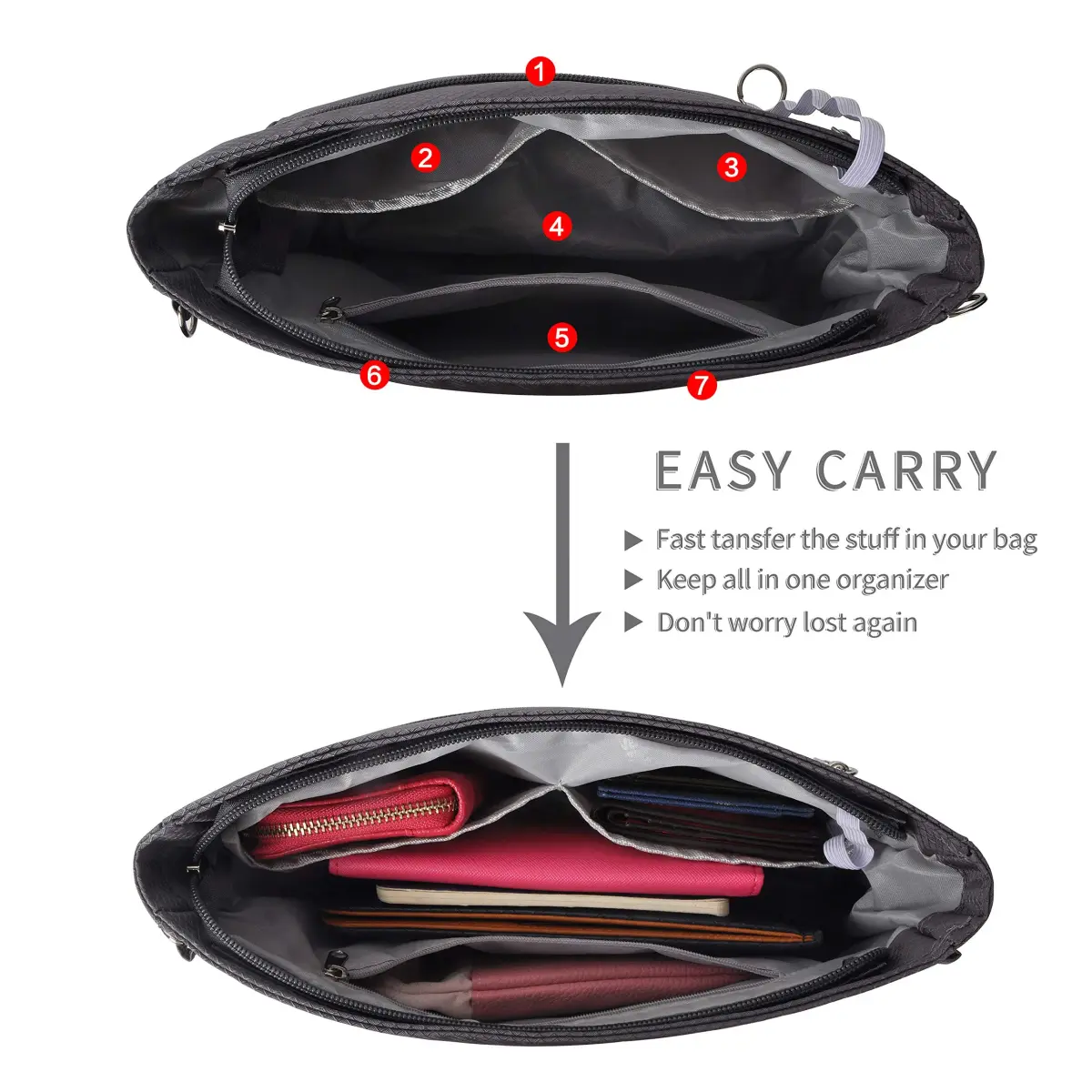 Vercord Expandable Nylon Handbag Purse Organizer Insert Liner Shaper Bag in Bag Dark Grey Medium | Waterproof & Durable Organizer for Totes - view 3