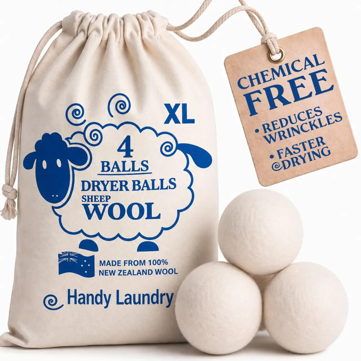 Handy Laundry Wool Dryer Balls 4-Pack, Reusable Natural Fabric Softener | 7.6 cm (3") Diameter - main product image