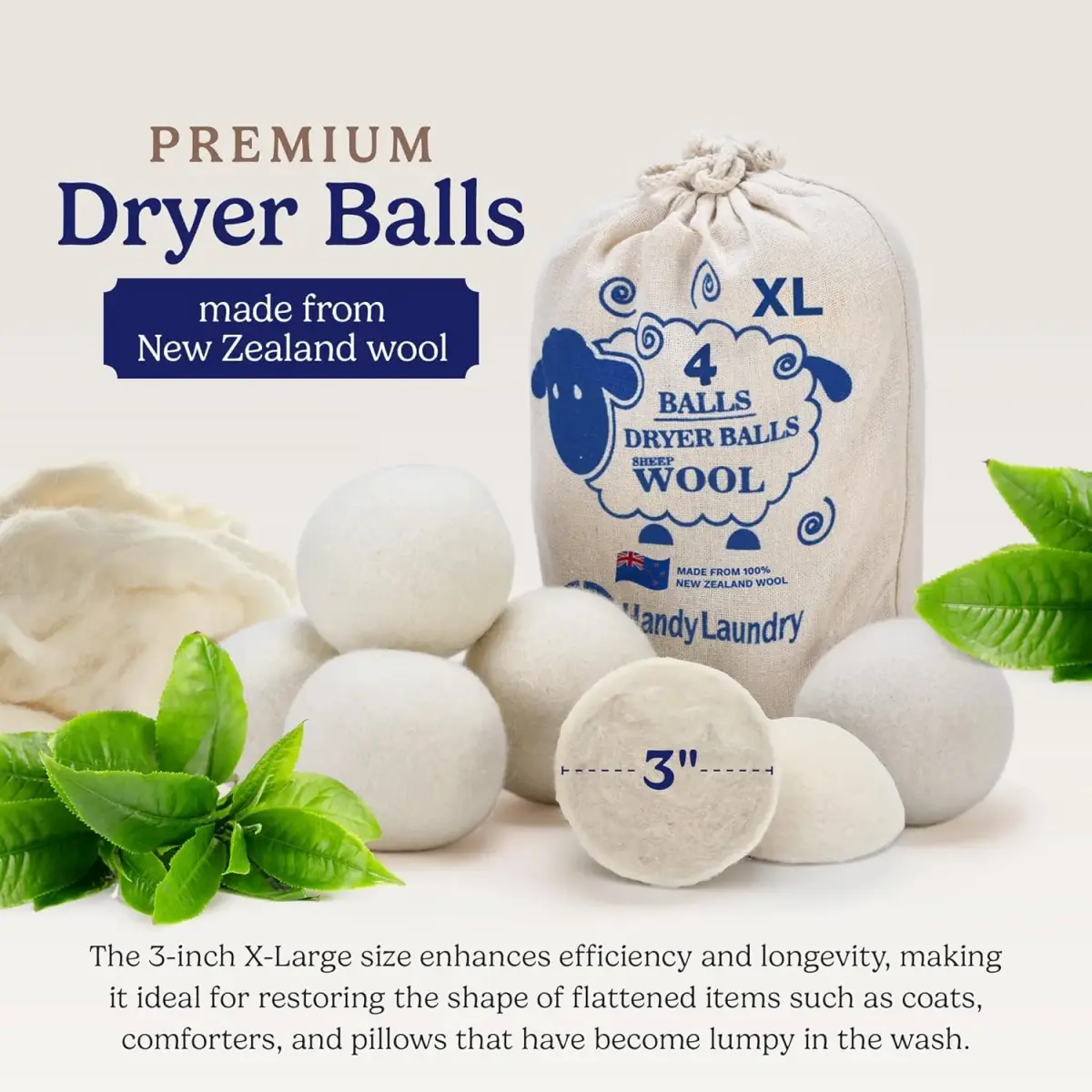 Handy Laundry Wool Dryer Balls 4-Pack, Reusable Natural Fabric Softener | 7.6 cm (3") Diameter - view 3