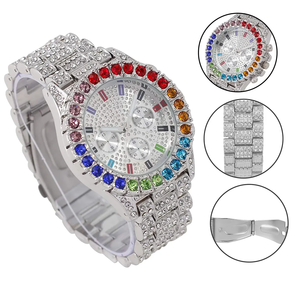 Charles Raymond Watch Flawless Multi Color Big Diamond Ice Rollie - ST10327DxxS (Silver Rainbow) | Hip Hop Style, 28 Crystals, Blood Red Dial - view 3
