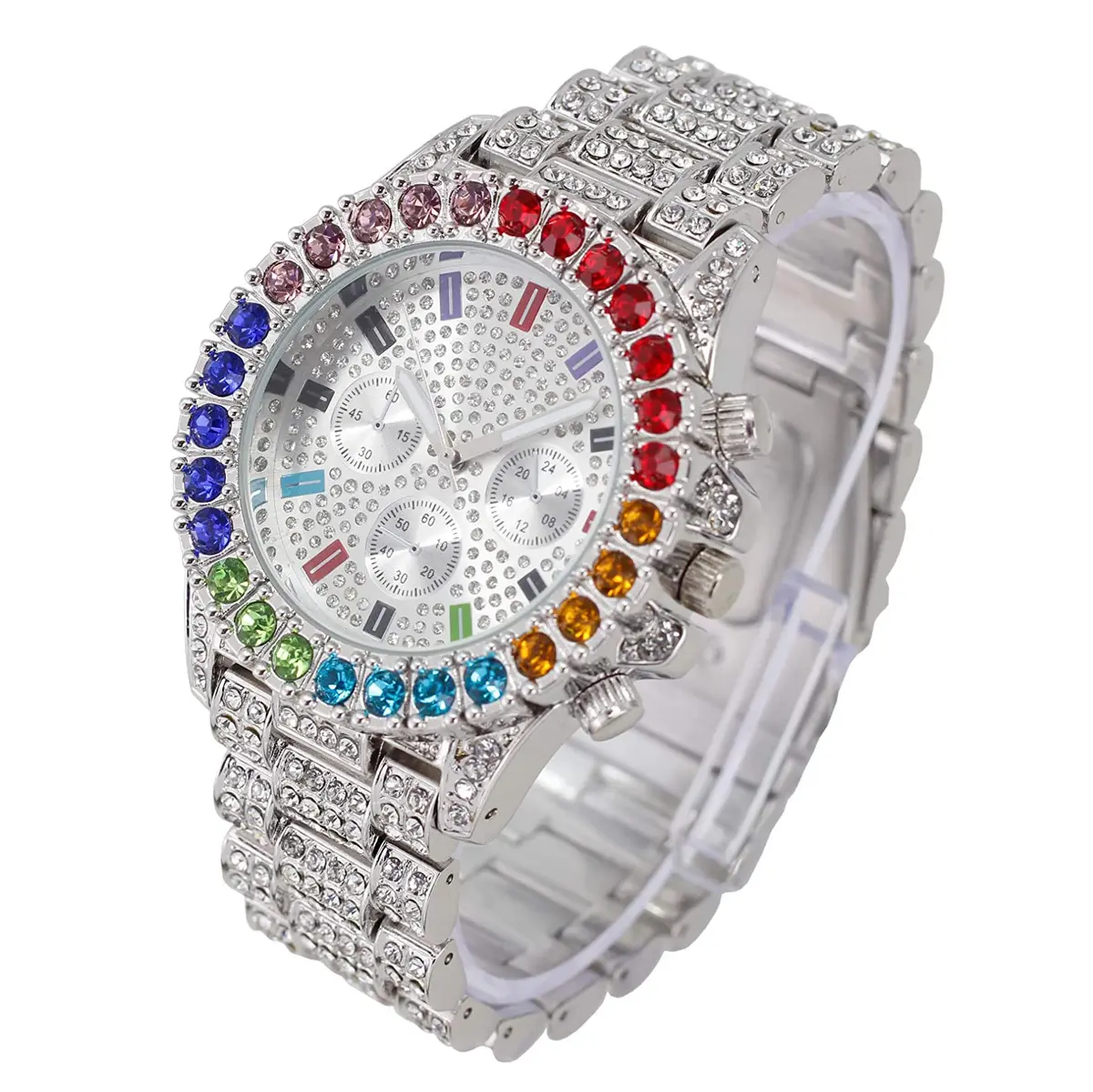 Charles Raymond Watch Flawless Multi Color Big Diamond Ice Rollie - ST10327DxxS (Silver Rainbow) | Hip Hop Style, 28 Crystals, Blood Red Dial - view 4