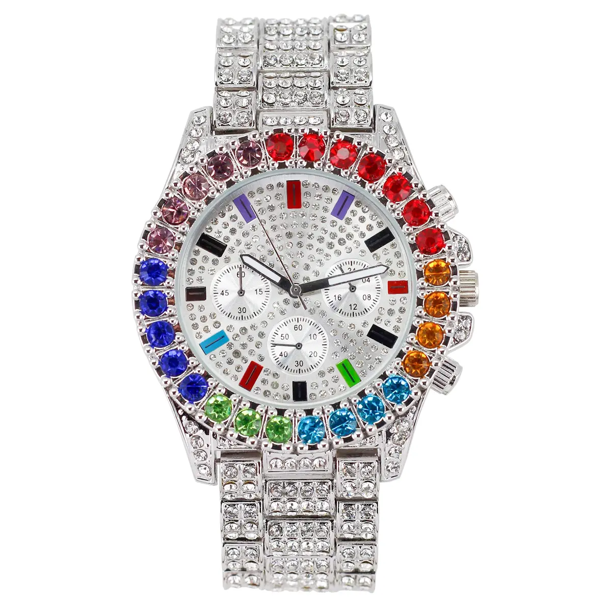 Charles Raymond Watch Flawless Multi Color Big Diamond Ice Rollie - ST10327DxxS (Silver Rainbow) | Hip Hop Style, 28 Crystals, Blood Red Dial - main product image