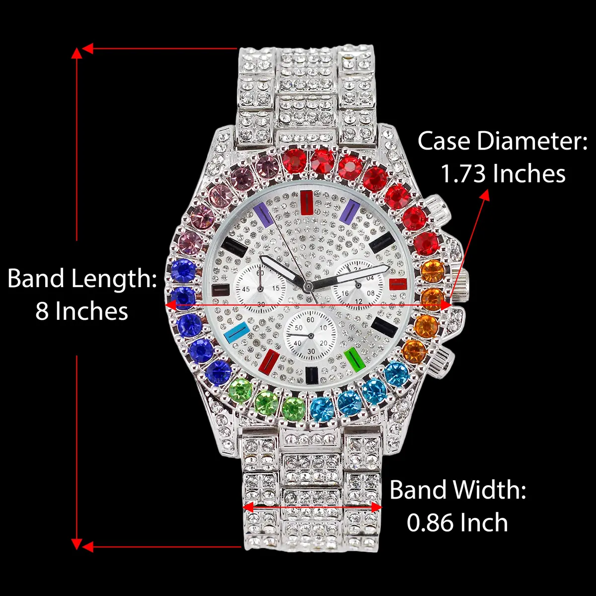 Charles Raymond Watch Flawless Multi Color Big Diamond Ice Rollie - ST10327DxxS (Silver Rainbow) | Hip Hop Style, 28 Crystals, Blood Red Dial - view 2