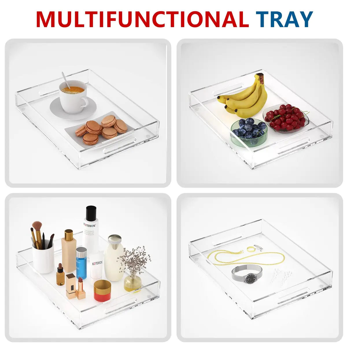 KOTEMON Acrylic Serving Tray with Handles 16x12x2.4Inch | Clear Acrylic Organizer for Ottoman & Coffee Table - view 3