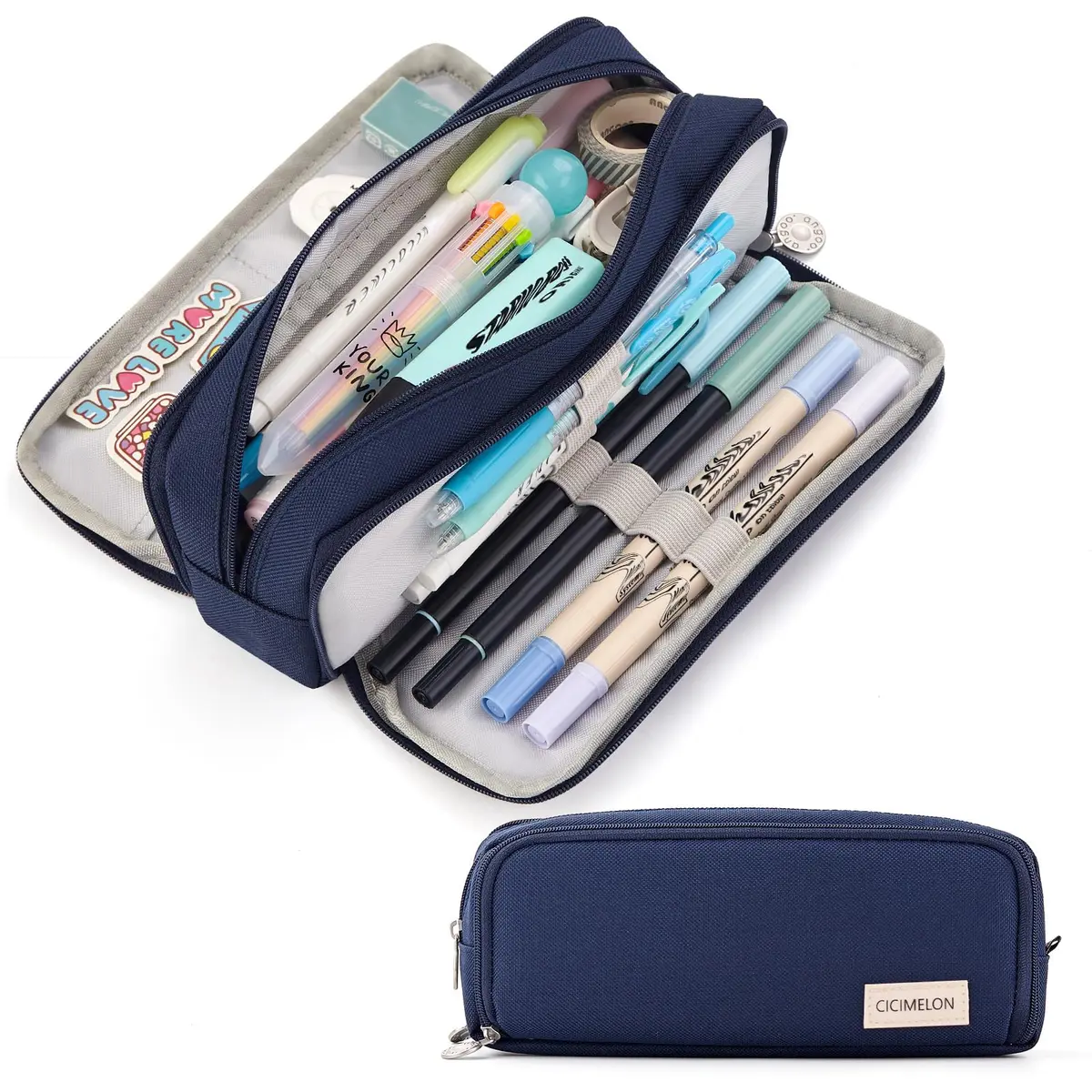 CICIMELON Large Capacity Pencil Case 3 Compartment Navy | Durable & Spacious (70-120 chars) - main product image