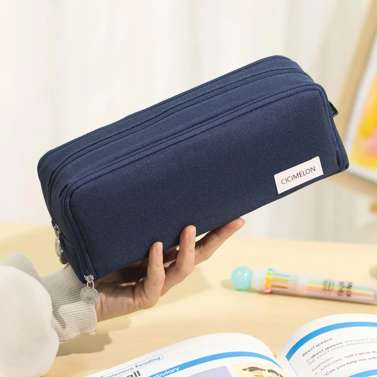CICIMELON Large Capacity Pencil Case 3 Compartment Navy | Durable & Spacious (70-120 chars) - view 2
