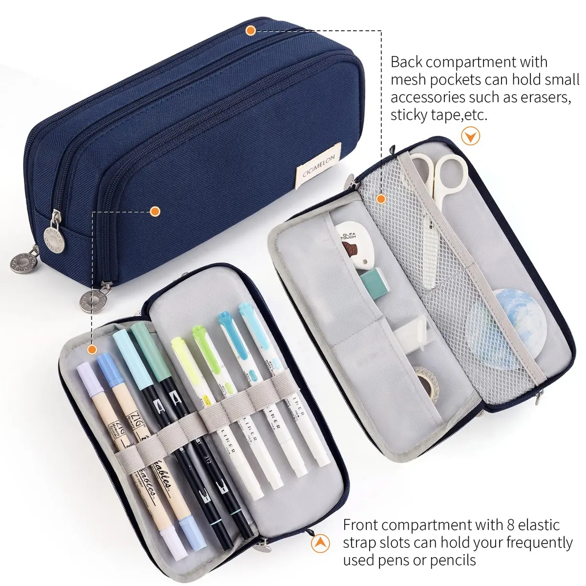 CICIMELON Large Capacity Pencil Case 3 Compartment Navy | Durable & Spacious (70-120 chars) - view 3