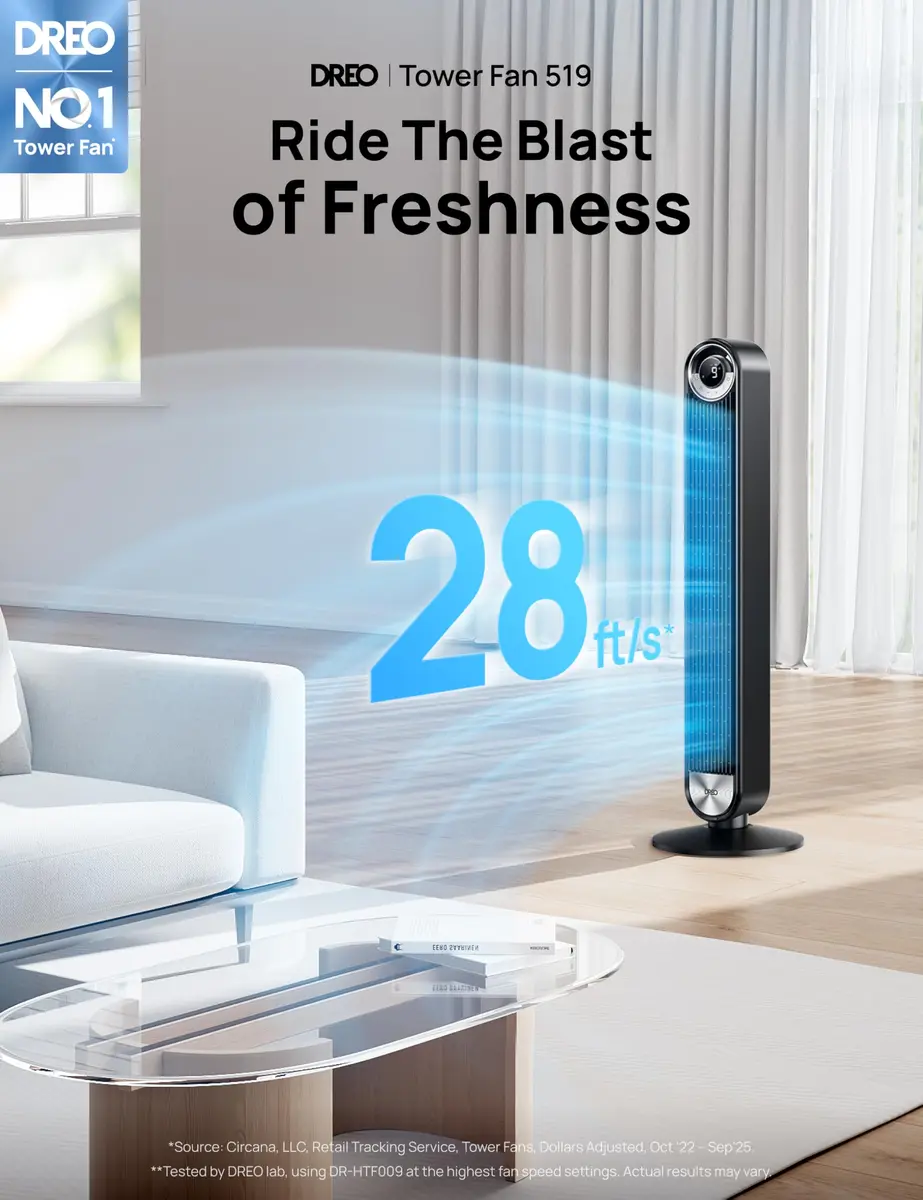 DREO Tower Fan for Bedroom, 42 Inch, 9 Speeds | Upgraded DC 28ft/s Velocity, Silent & Remote Control - view 2