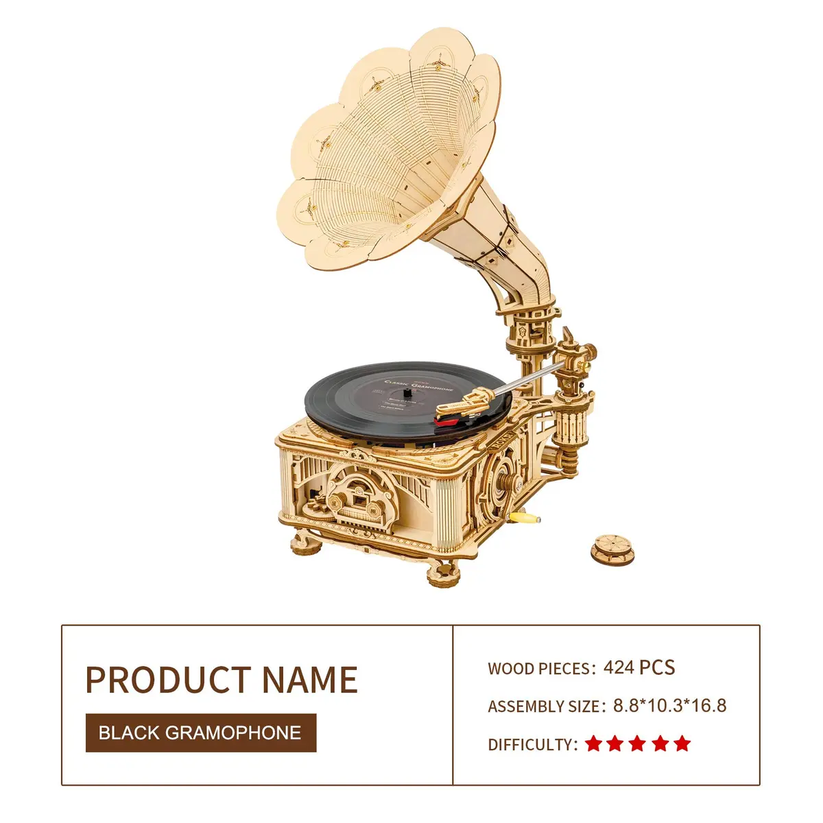 ROKR 3D Wooden Puzzles Gramophone for Adults - DIY Mechanical Model Kit 8.9" x 10.3" x 16.9" | Vintage Record Player Decor - view 5