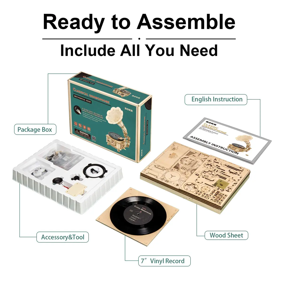 ROKR 3D Wooden Puzzles Gramophone for Adults - DIY Mechanical Model Kit 8.9" x 10.3" x 16.9" | Vintage Record Player Decor - view 6