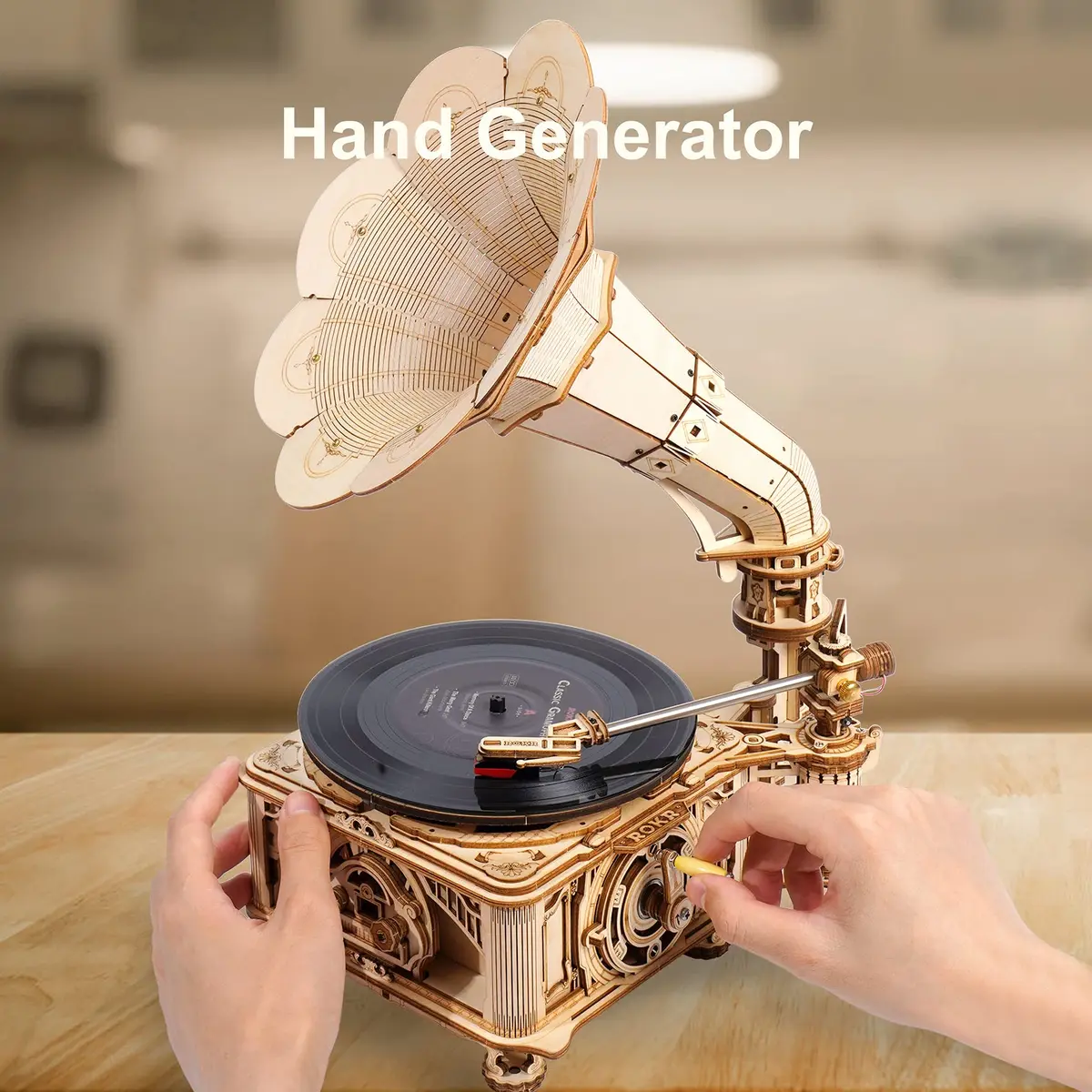 ROKR 3D Wooden Puzzles Gramophone for Adults - DIY Mechanical Model Kit 8.9" x 10.3" x 16.9" | Vintage Record Player Decor - view 2