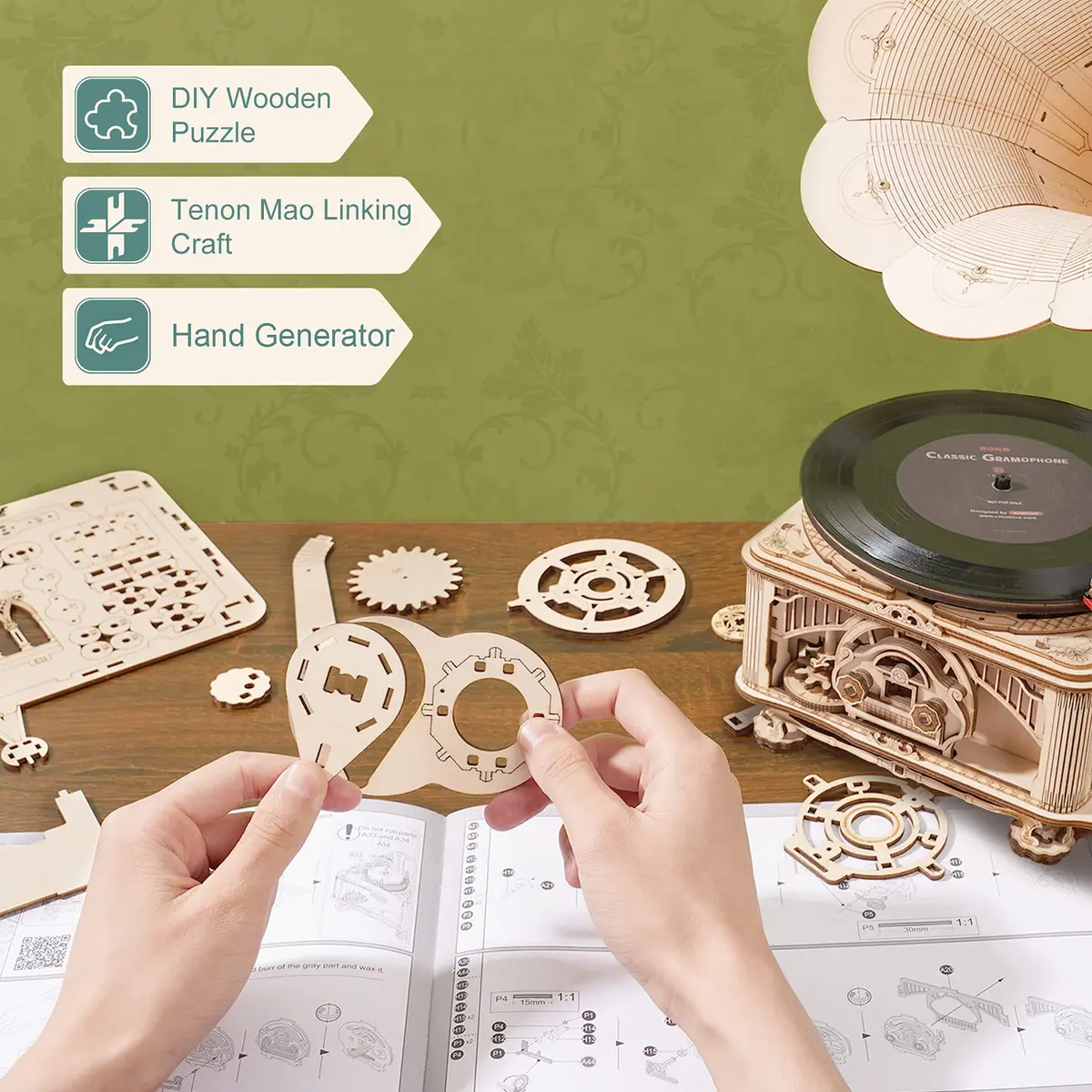 ROKR 3D Wooden Puzzles Gramophone for Adults - DIY Mechanical Model Kit 8.9" x 10.3" x 16.9" | Vintage Record Player Decor - view 3