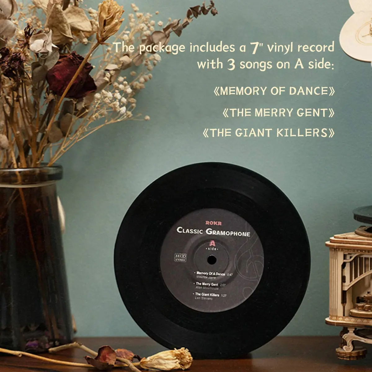 ROKR 3D Wooden Puzzles Gramophone for Adults - DIY Mechanical Model Kit 8.9" x 10.3" x 16.9" | Vintage Record Player Decor - view 4